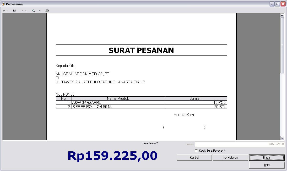 Preview Layar Pemesanan Software Apotek AKUA